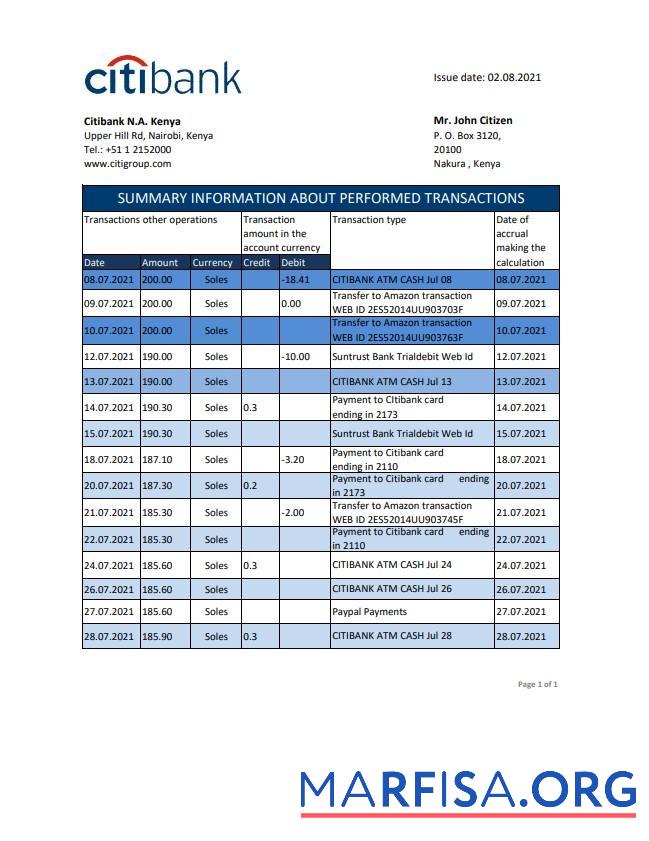 Downloadable Kenya Citibank bank statement excel real example